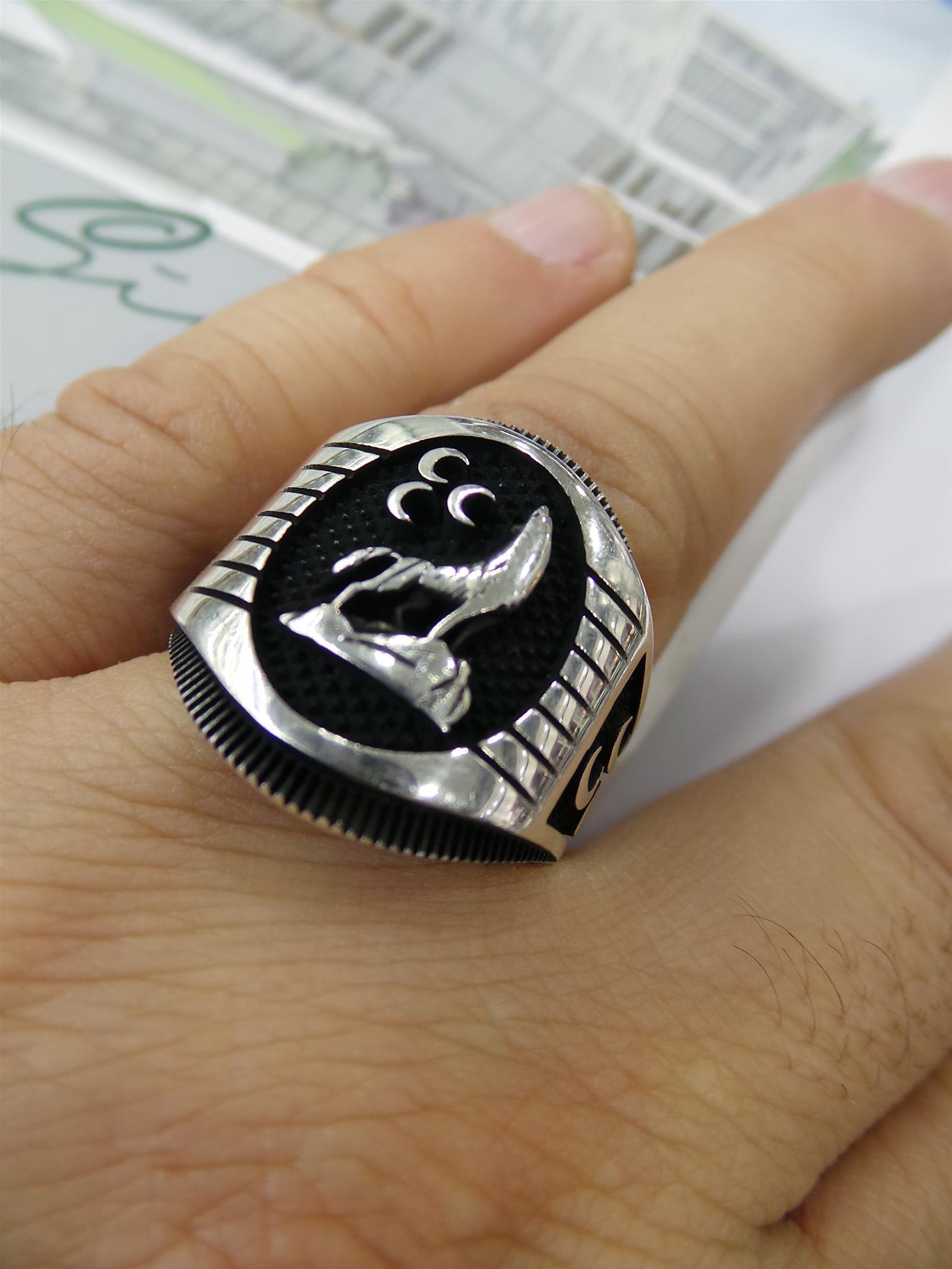 Üç Hilal Bozkurtlu Gümüş Erkek Yüzük Öztaş