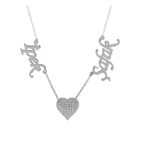 Zirkon Taşlı Kalp Model Gümüş İki İsimli Kolye