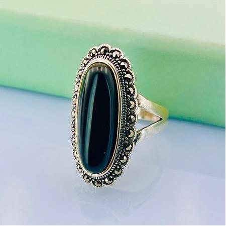 Uzun Oniks Markazit Taşlı Gümüş Yüzük