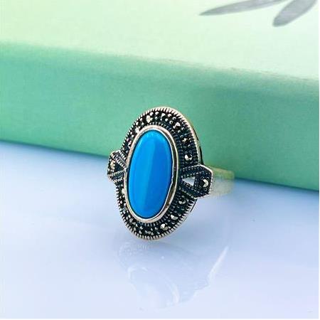 Oval Model Firuze Taşlı  Markazit Gümüş Yüzük