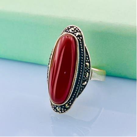 Uzun Kahve Renk  Akik Markazit Gümüş Yüzük