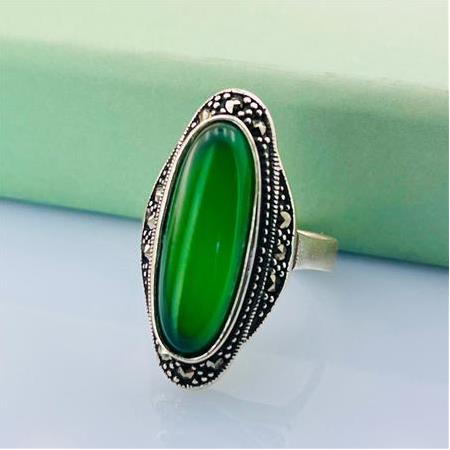 Uzun Yeşil Akik Taşlı  Markazit Gümüş Yüzük