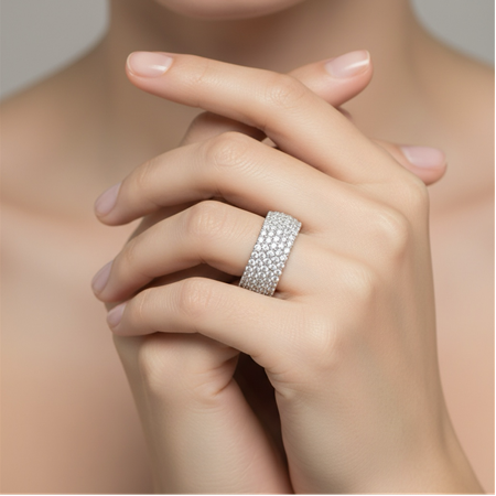 Beş Sıra Beyaz Zirkon Taşlı Tamtur Gümüş Yüzük