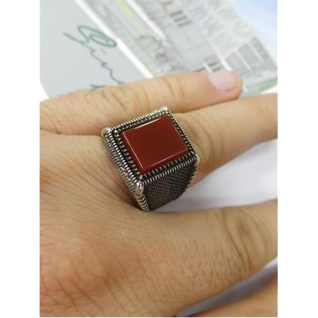 Kare Kahve Renk Akik Taşlı Gümüş Erkek Yüzük