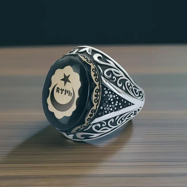 YeşilÜzeri Ay Yıldız Gümüş Erkek Yüzük